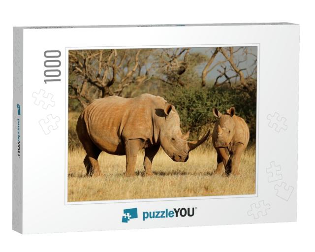 White Rhinoceros Ceratotherium Simum with Calf in Natural... Jigsaw Puzzle with 1000 pieces