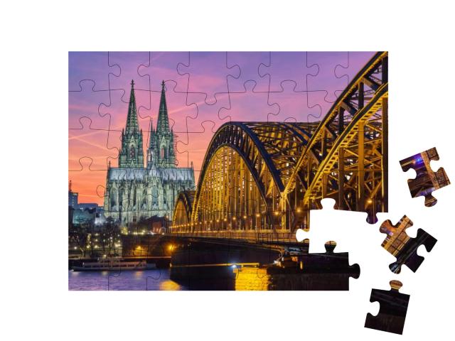 Cologne Cathedral & Hohenzollern Bridge At Sunset / Night... Jigsaw Puzzle with 48 pieces