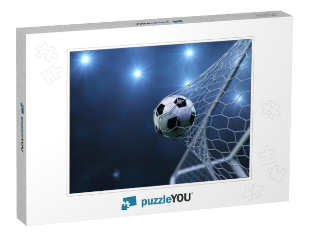 Soccer ball flew into the goal. Soccer ball bends Jigsaw Puzzle