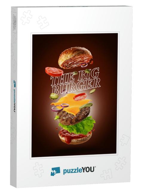 Jumping Burger Ads, Delicious & Attractive Hamburger with... Jigsaw Puzzle