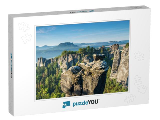 View to the Bastei Bridge & Rock Formations in the Elbe R... Jigsaw Puzzle