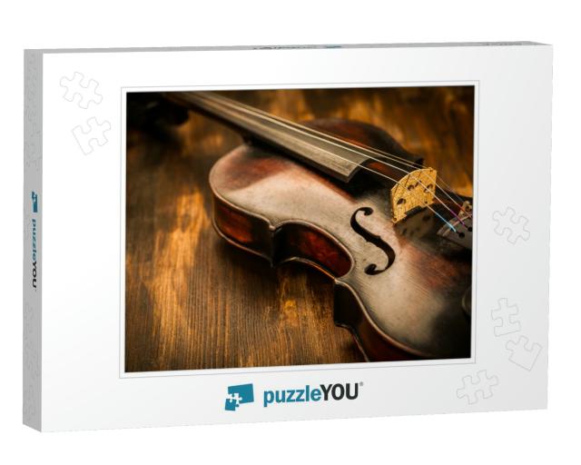 Violin in Vintage Style on Wood Background... Jigsaw Puzzle