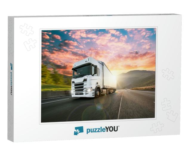 Truck with Container on Highway, Cargo Transportation Con... Jigsaw Puzzle