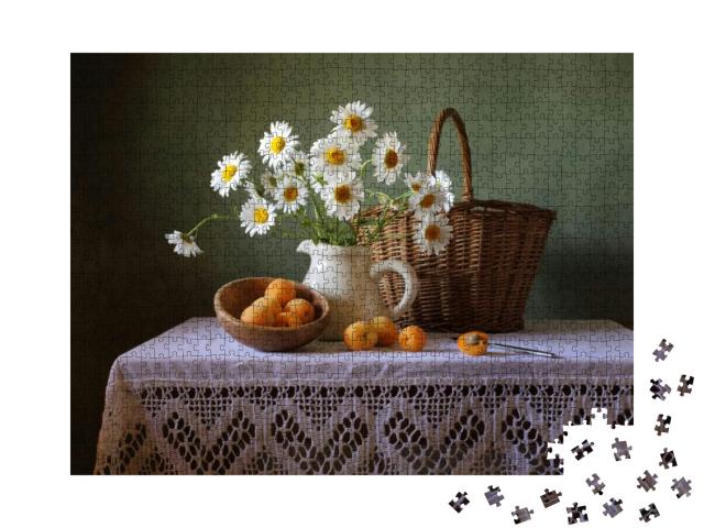 Still Life with a Summer Bouquet & Apricots... Jigsaw Puzzle with 1000 pieces