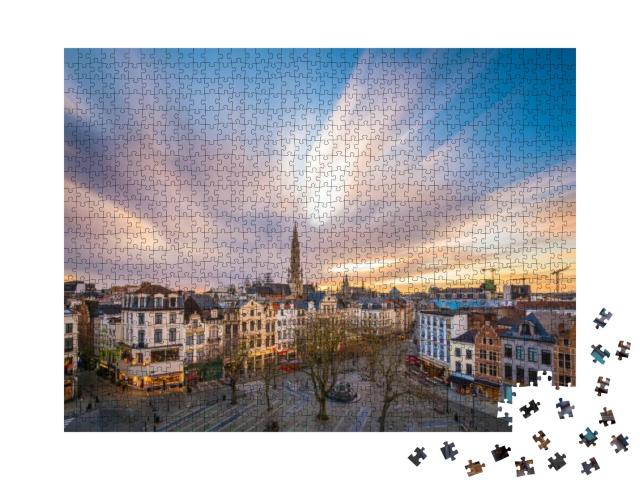 Brussels, Belgium Plaza & Skyline with the Town Hall Towe... Jigsaw Puzzle with 1000 pieces
