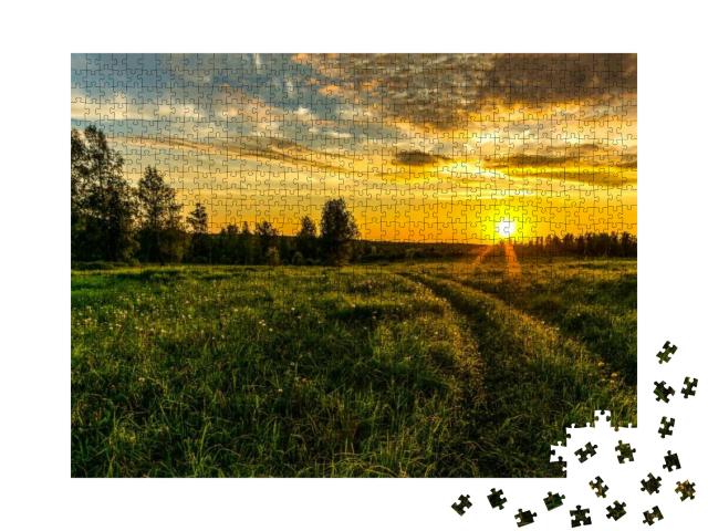 Sunset on the Horizon Over the Meadow on Rural Farm Lands... Jigsaw Puzzle with 1000 pieces