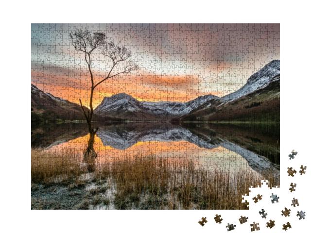 Vibrant Orange Sunrise with Moving Clouds & Snowcapped Mo... Jigsaw Puzzle with 1000 pieces