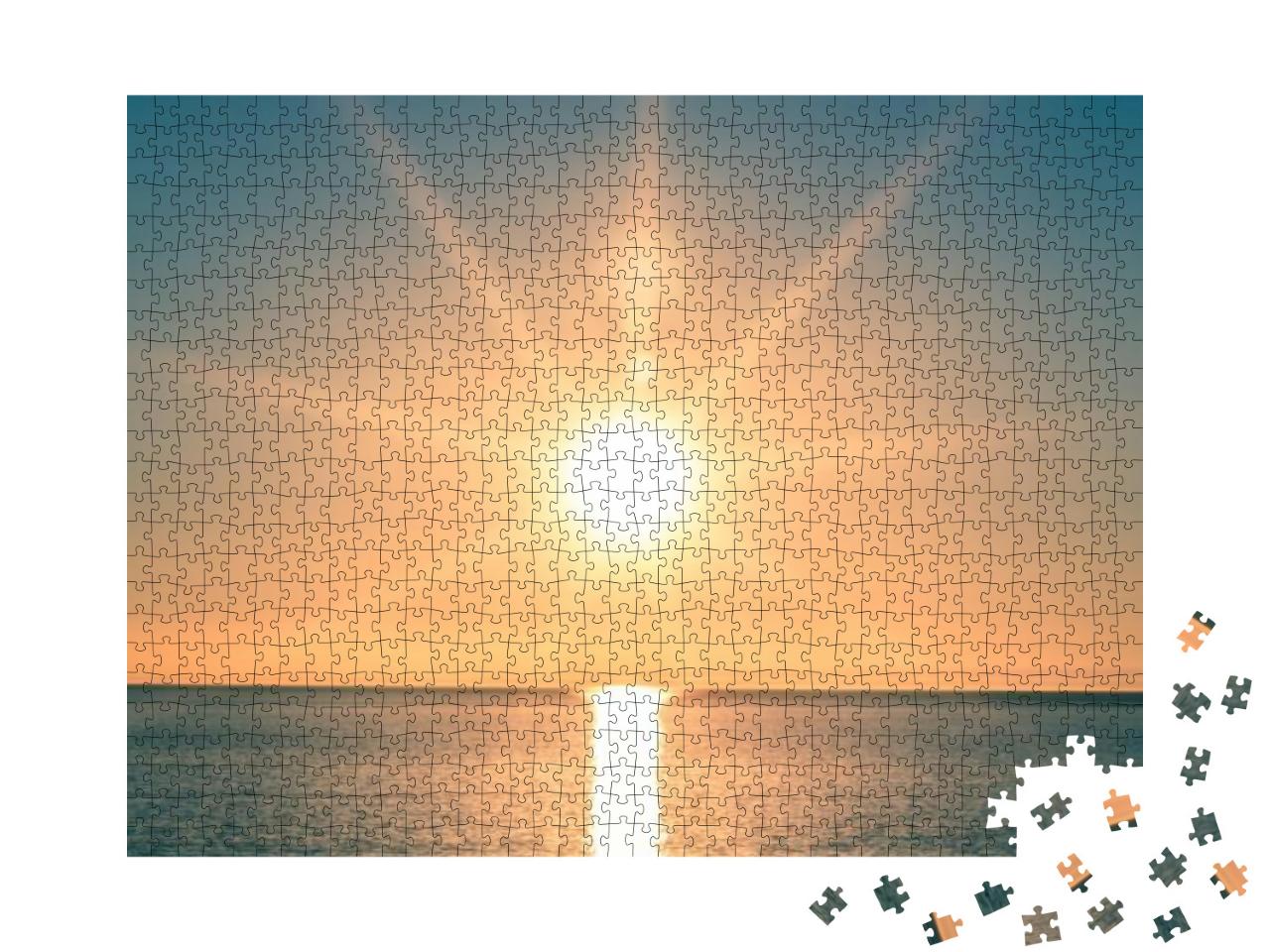 Sunset Over Ocean - Bright Orange Sun Setting on Beautifu... Jigsaw Puzzle with 1000 pieces