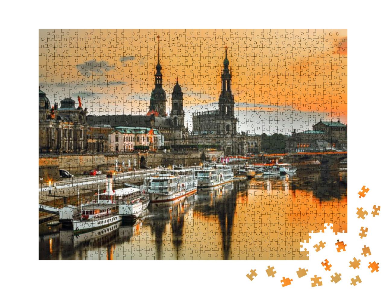 Dresden City Skyline At Elbe River & Augustus Bridge At S... Jigsaw Puzzle with 1000 pieces