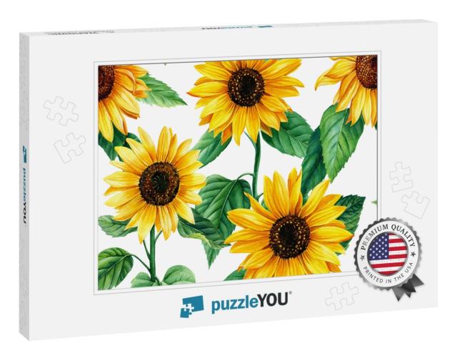 Seamless Pattern with Flowers of Sunflowers. Watercolor H... Jigsaw Puzzle
