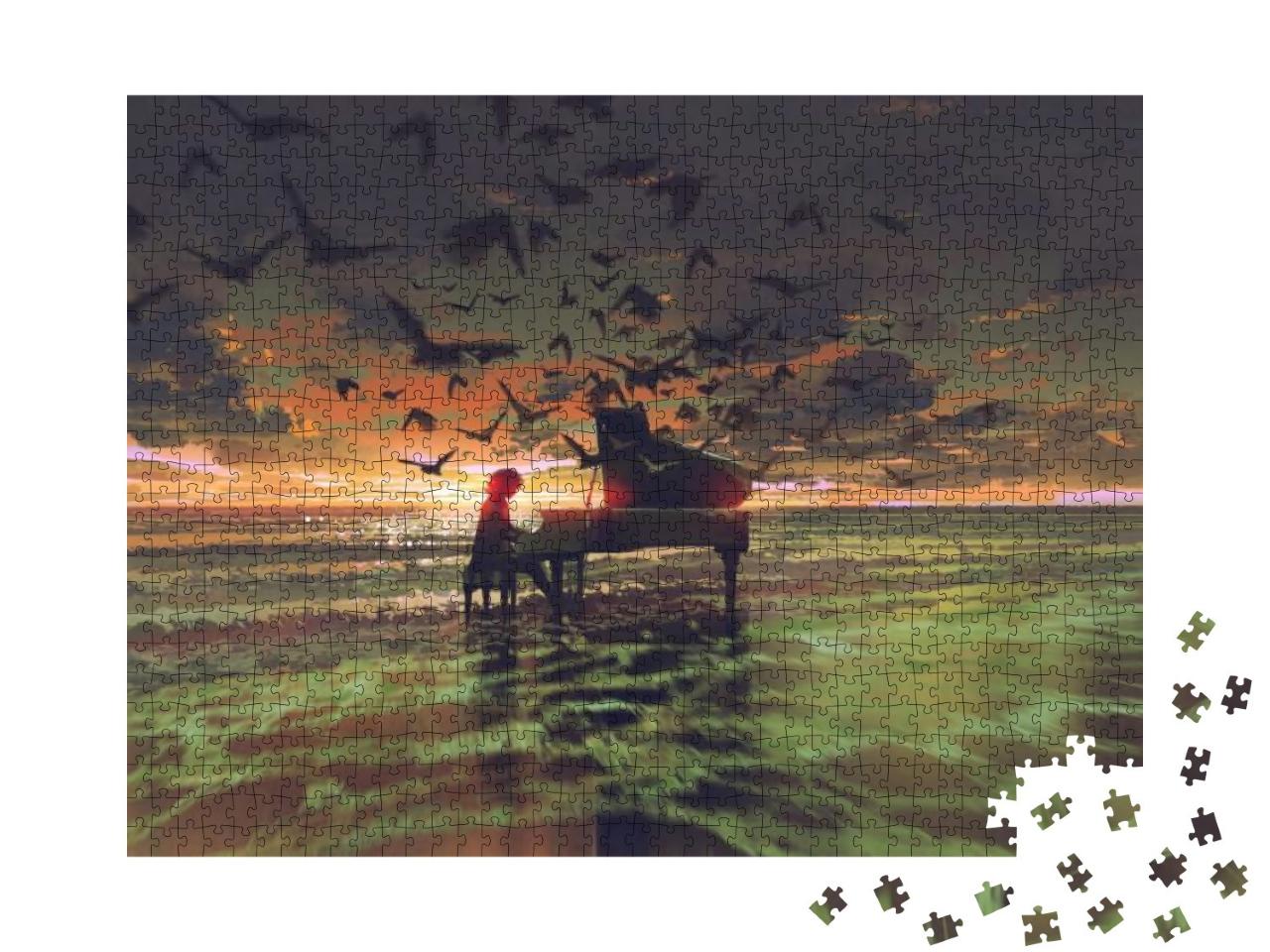Digital Art of the Man Playing Piano Among Flock of Birds... Jigsaw Puzzle with 1000 pieces