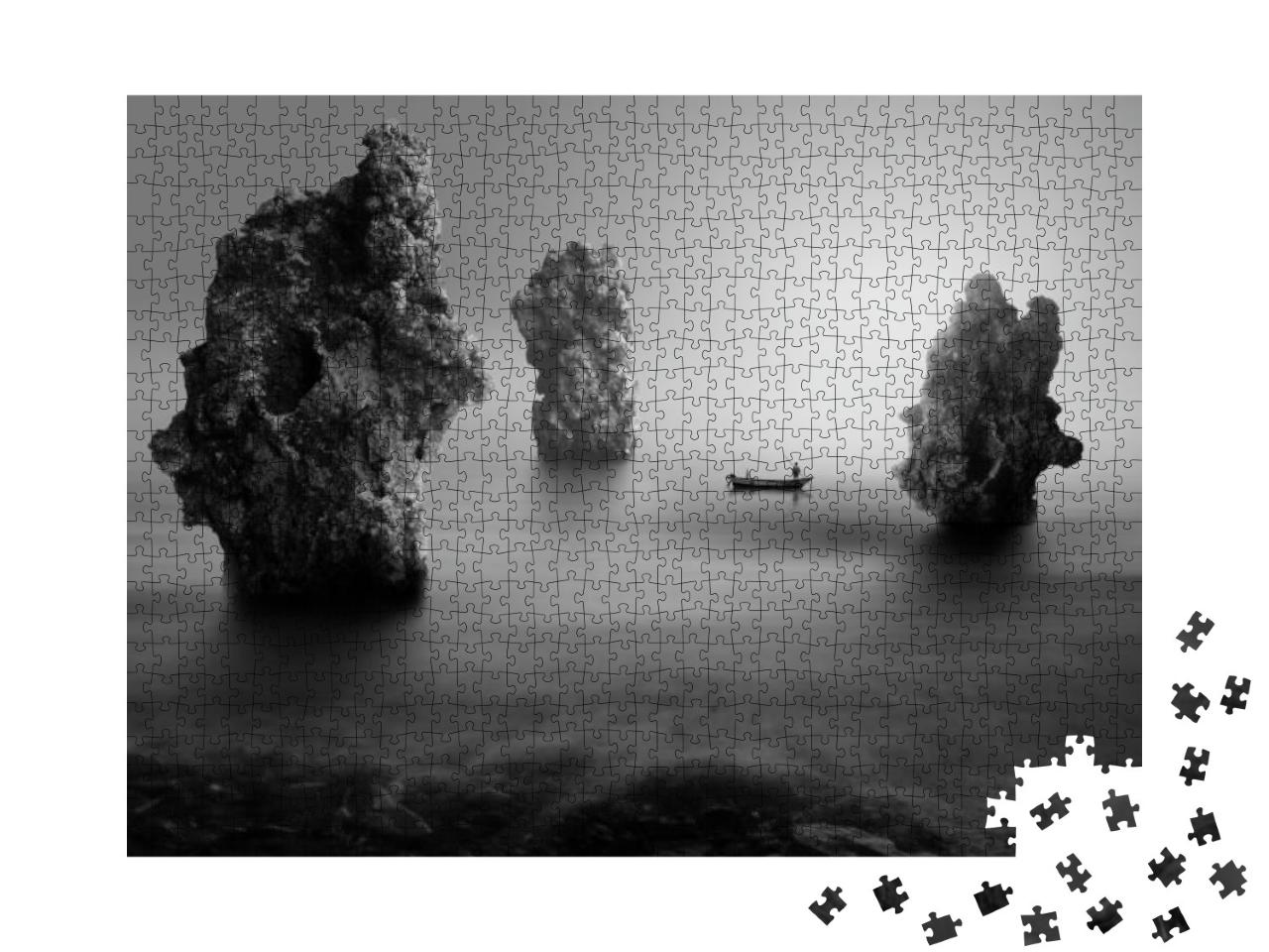Lonely Fisherman on the Stone Beach, Black & White Photog... Jigsaw Puzzle with 1000 pieces