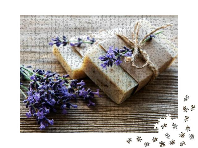 Bars of Handmade Soap with Lavender Flowers Over Wood Gru... Jigsaw Puzzle with 1000 pieces