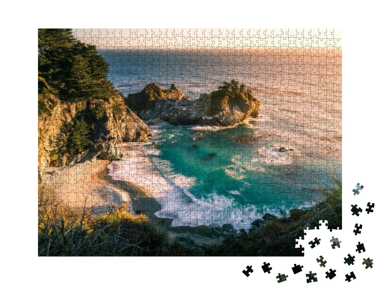 Sunset At Mackay Fall, Big Sur on California State Road 1... Jigsaw Puzzle with 1000 pieces