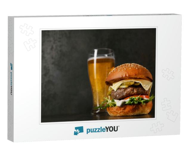 Delicious Classic Burger with Cutlet & Glass of Cold Beer... Jigsaw Puzzle