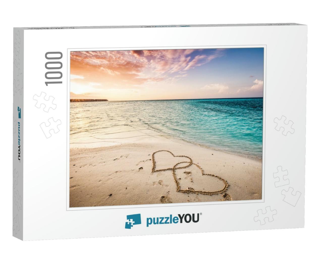 Two Hearts Drawn on a Sandy Beach by the Sea. Sunset View... Jigsaw Puzzle with 1000 pieces