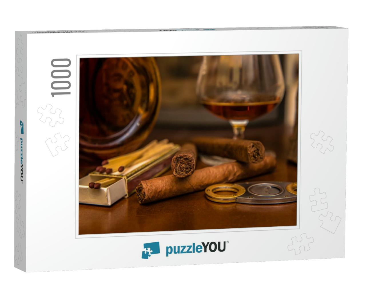 Time to Enjoy! Quality Cigars & Cognac on a Wooden Table... Jigsaw Puzzle with 1000 pieces