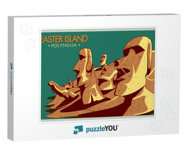 Vintage Poster of Easter Island, Famous Monument in Chile... Jigsaw Puzzle