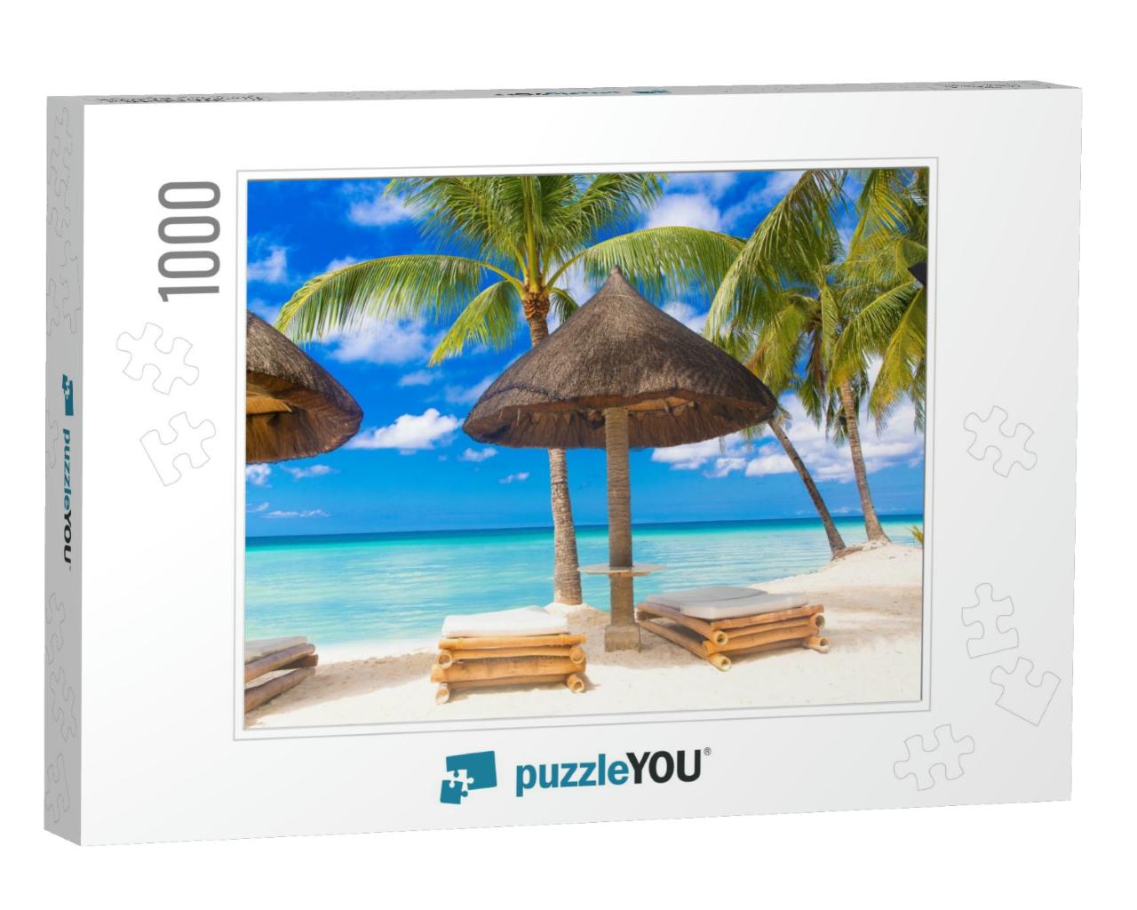 Sun Umbrella & Beach Beds Under the Palm Trees on Tropica... Jigsaw Puzzle with 1000 pieces