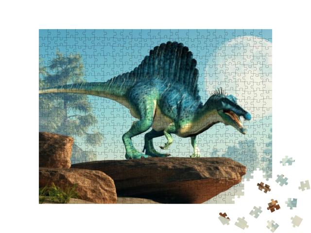 A Spinosaurus on a Cliff by the Moon. Spinosaurus Was Sem... Jigsaw Puzzle with 500 pieces