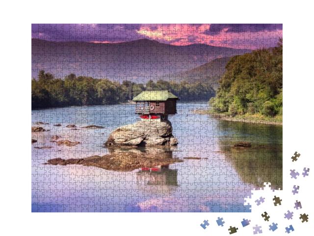 Drina House Dramatic Sunset & Reflection - Colorful Littl... Jigsaw Puzzle with 1000 pieces