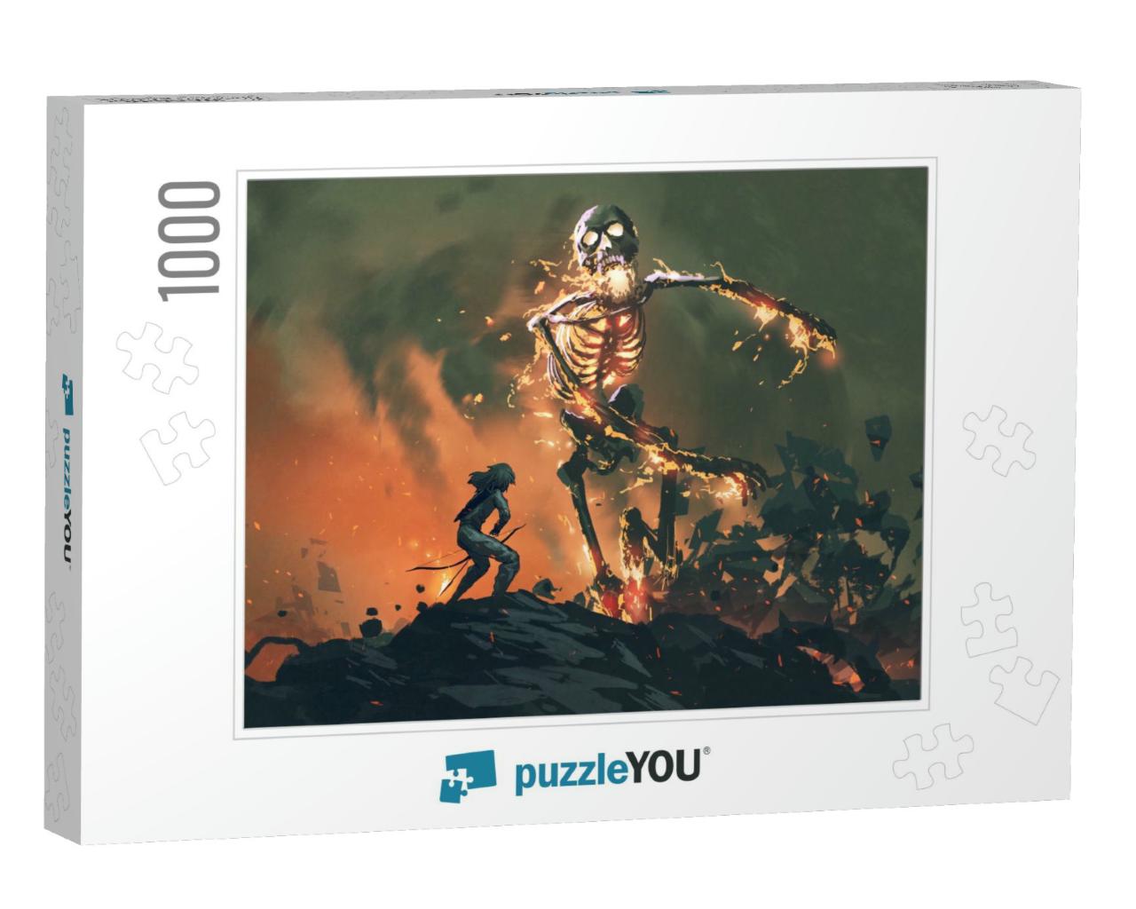 Man with a Bow Fighting with a Flaming Skeleton, Digital... Jigsaw Puzzle with 1000 pieces