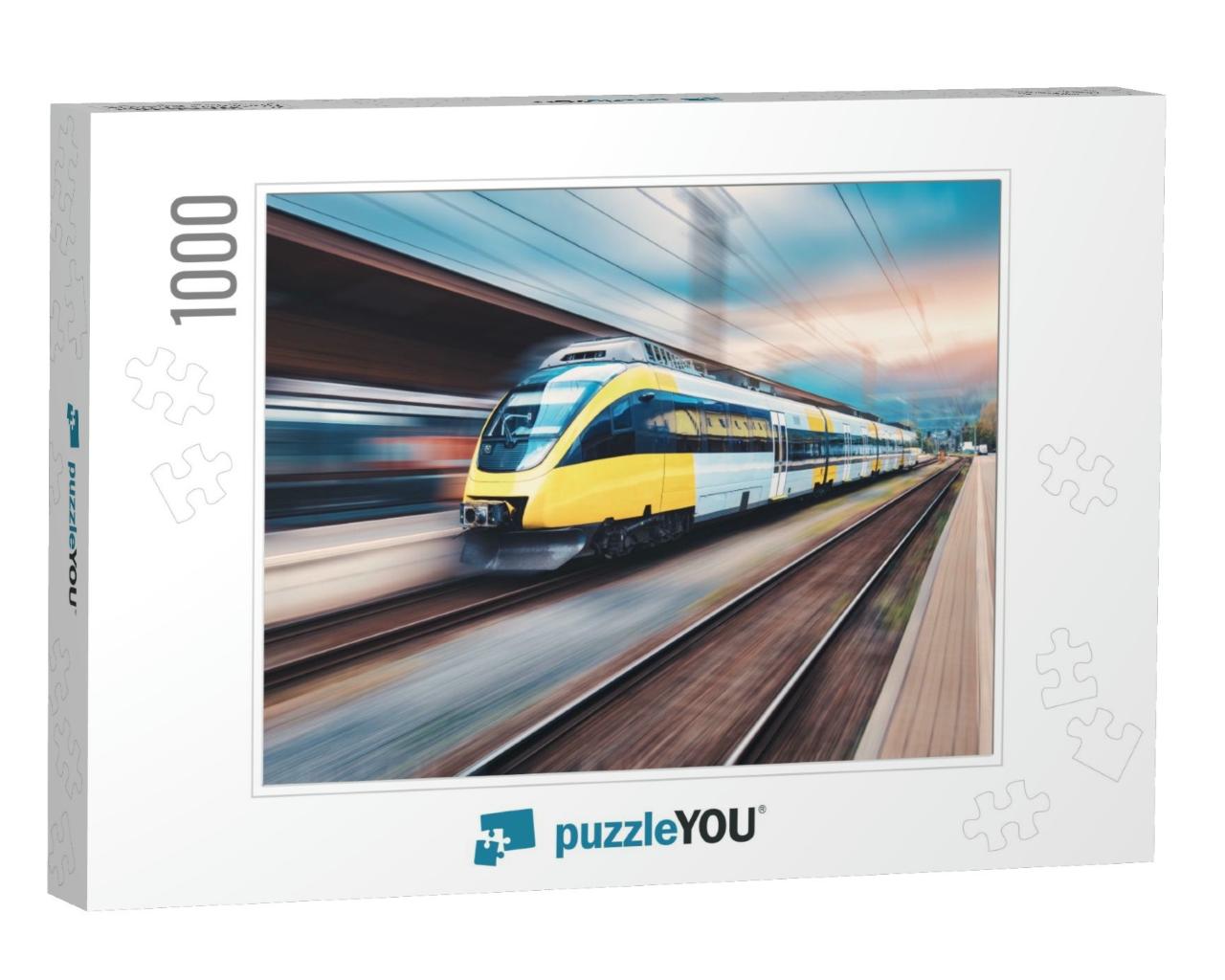 High Speed Yellow Train in Motion on the Railway Station... Jigsaw Puzzle with 1000 pieces