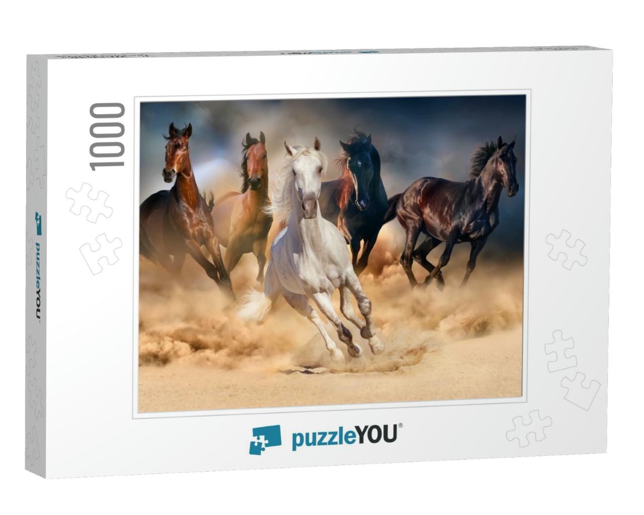 Horse Herd Run in Desert Sand Storm Against Dramatic Sky... Jigsaw Puzzle with 1000 pieces
