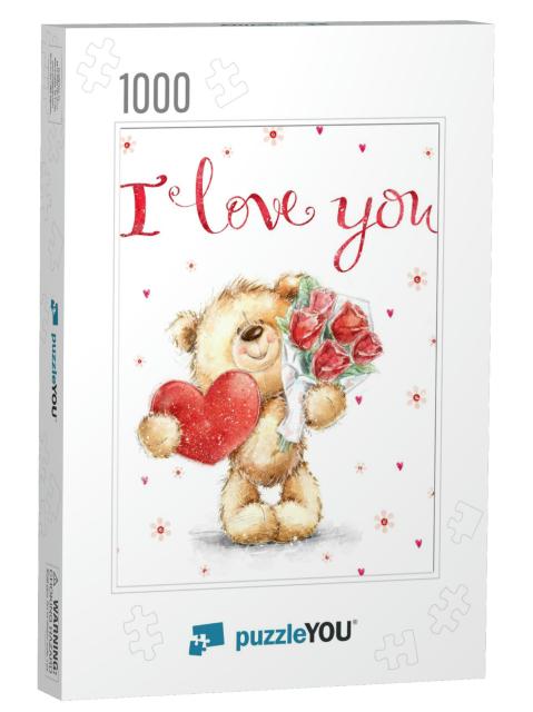 Cute Smiling Teddy Bear in Love on the Hearts Background... Jigsaw Puzzle with 1000 pieces