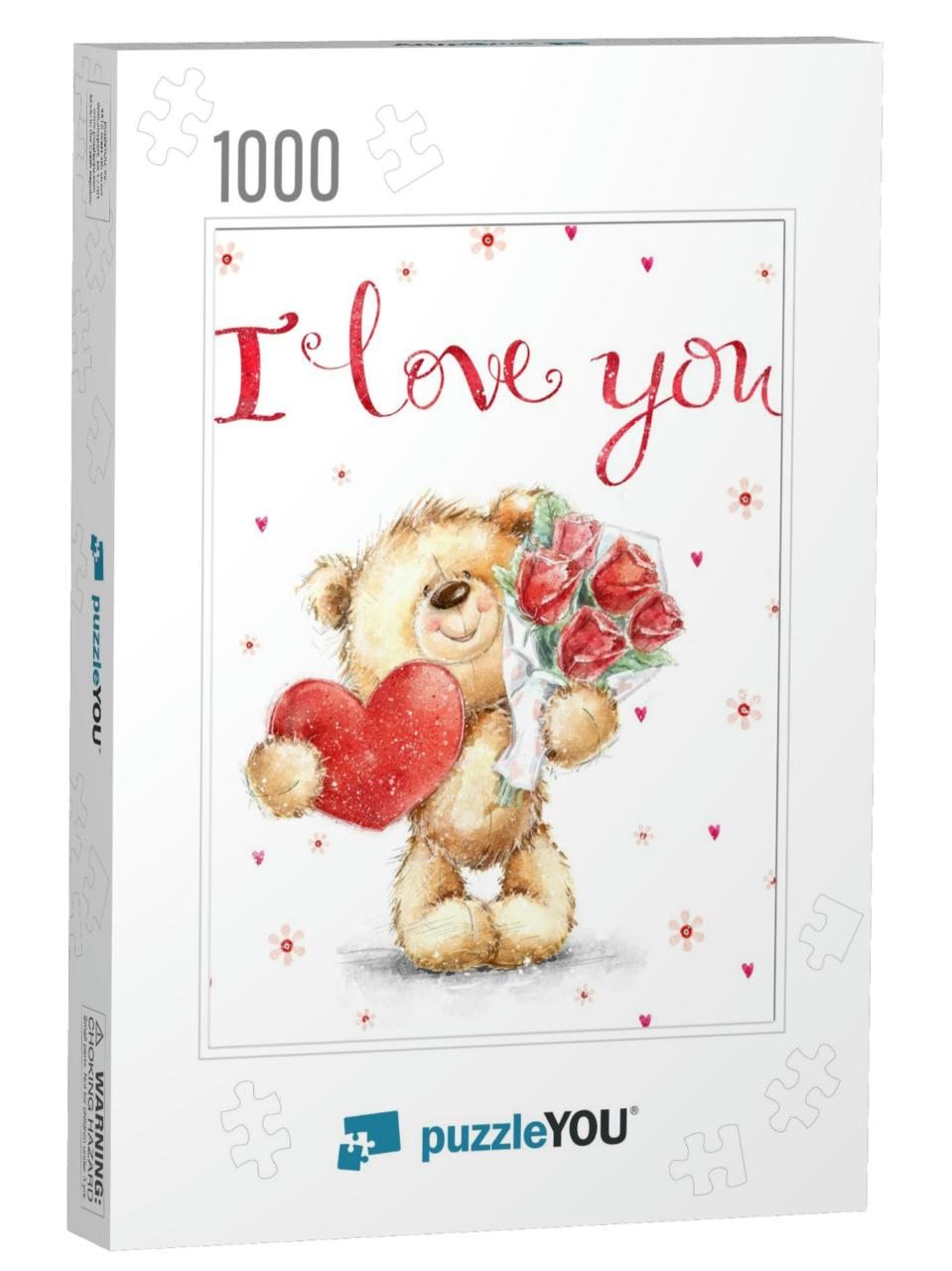 Cute Smiling Teddy Bear in Love on the Hearts Background... Jigsaw Puzzle with 1000 pieces