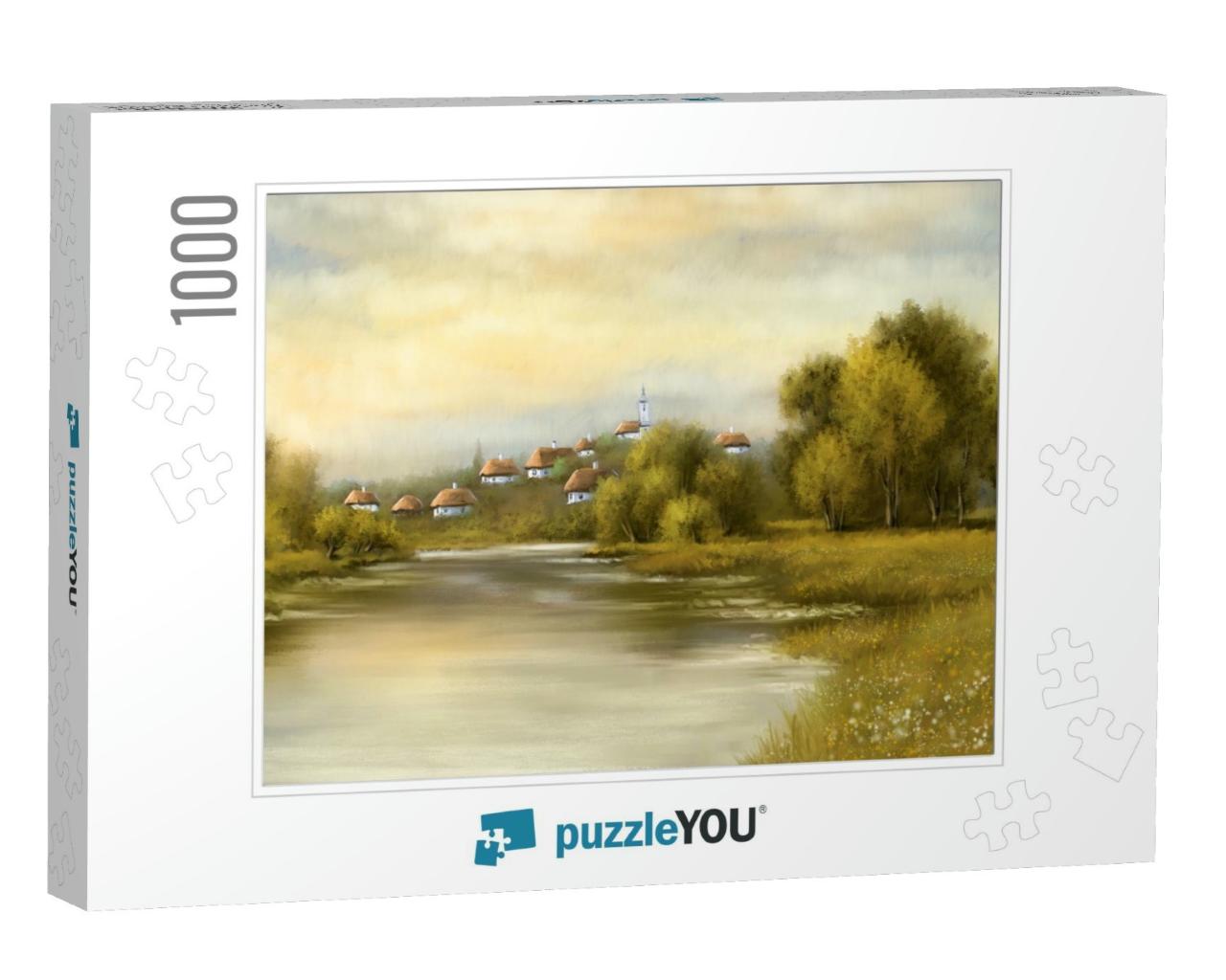 Digital Oil Paintings Rural Landscape, River in the Morni... Jigsaw Puzzle with 1000 pieces