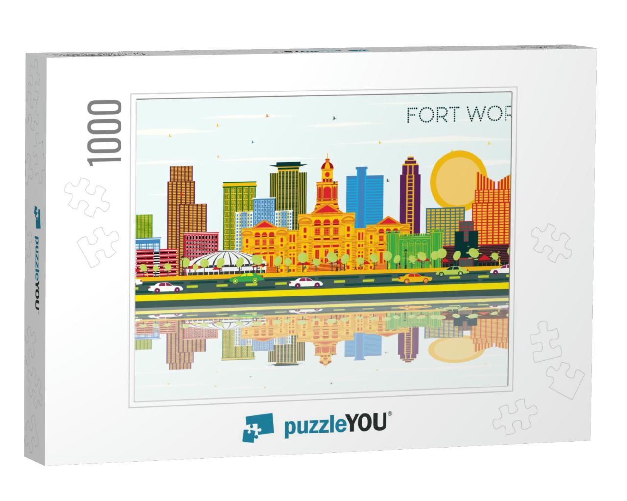 Fort Worth Texas City Skyline with Color Buildings, Blue... Jigsaw Puzzle with 1000 pieces