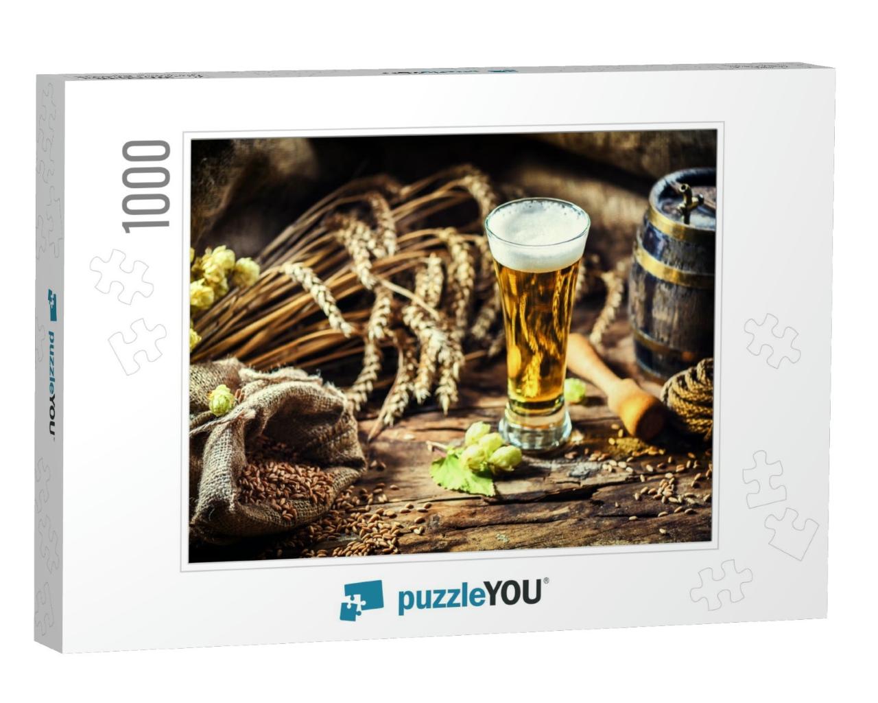 Glass of Fresh Cold Beer in Rustic Setting. Food & Bevera... Jigsaw Puzzle with 1000 pieces