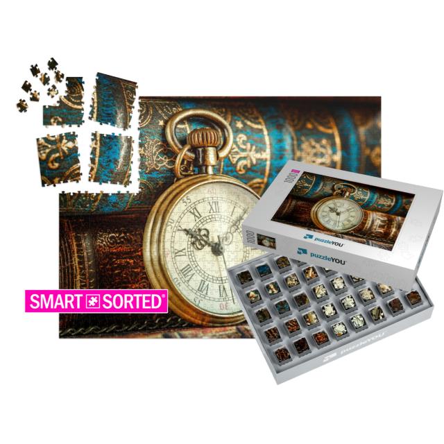 Vintage Antique Pocket Watch on the Background of Old Boo... | SMART SORTED® | Jigsaw Puzzle with 1000 pieces