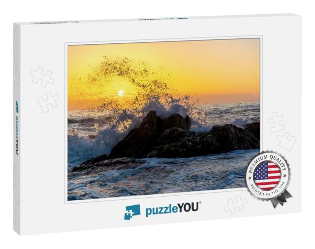 Waves of the Atlantic Ocean Crashing Against a Rock At Su... Jigsaw Puzzle