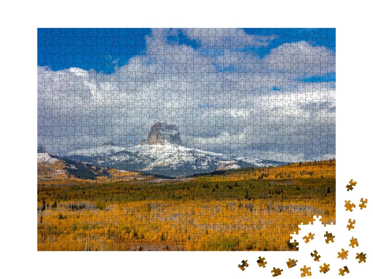 Peak Fall Color in Aspen Groves Below Chief Mountain in G... Jigsaw Puzzle with 1000 pieces