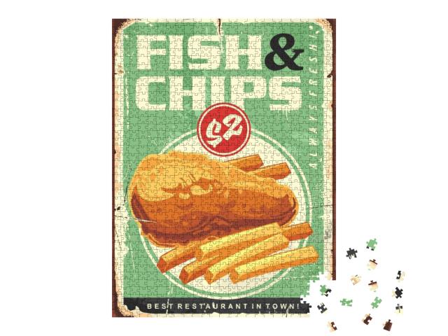 Fish & Chips Retro Ad Tin Sign Design. Fried Fish Fillet... Jigsaw Puzzle with 1000 pieces