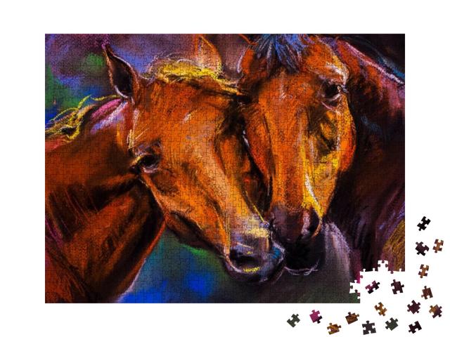 Pastel Portrait of a Couple Horses on a Cardboard. Modern... Jigsaw Puzzle with 1000 pieces