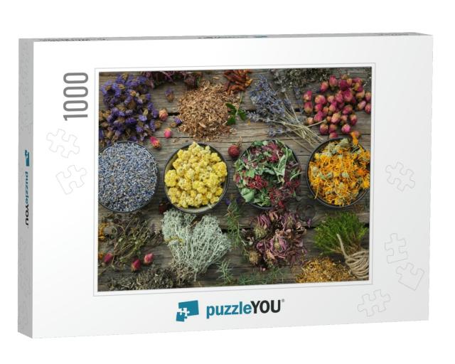 Bowls of Dry Medicinal Herbs - Lavender, Coneflower, Mari... Jigsaw Puzzle with 1000 pieces