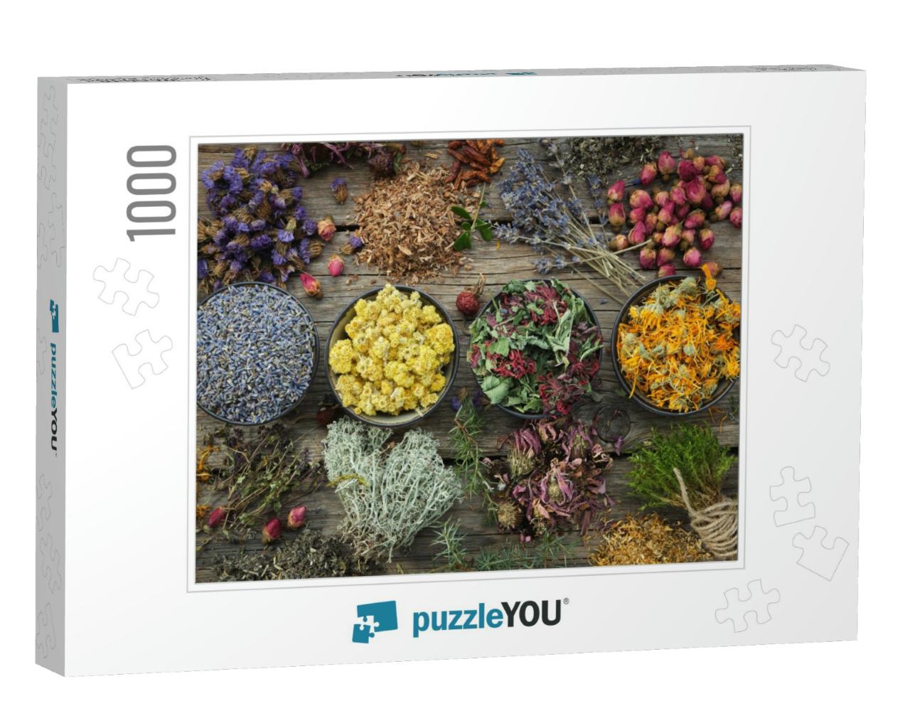 Bowls of Dry Medicinal Herbs - Lavender, Coneflower, Mari... Jigsaw Puzzle with 1000 pieces
