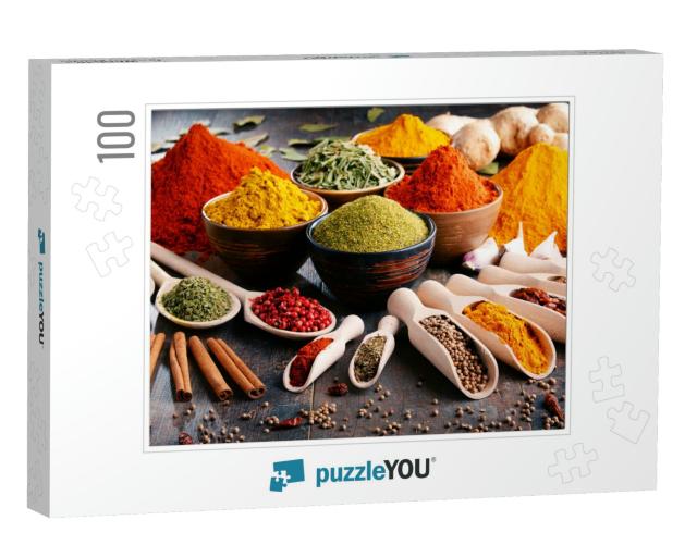 Variety of Spices & Herbs on Kitchen Table... Jigsaw Puzzle with 100 pieces