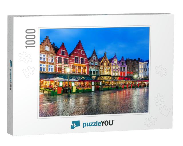 Bruges, Belgium. Grote Markt Square At Night... Jigsaw Puzzle with 1000 pieces