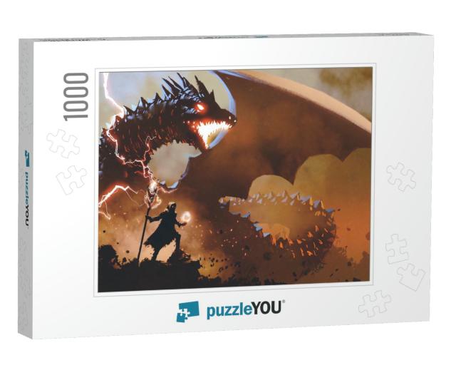 Black Wizard with a Magic Wand Summoning the Dragon, Digi... Jigsaw Puzzle with 1000 pieces