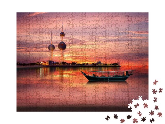 An Old Arabian Boat Docked in Front of Kuwait Landmark... Jigsaw Puzzle with 1000 pieces