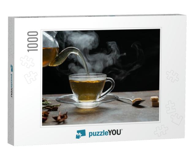 Process Brewing Tea, Dark Mood. the Steam from Hot Tea is... Jigsaw Puzzle with 1000 pieces