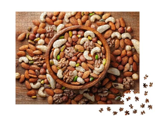 Wooden Bowl with Mixed Nuts on Rustic Table Top View. Hea... Jigsaw Puzzle with 1000 pieces