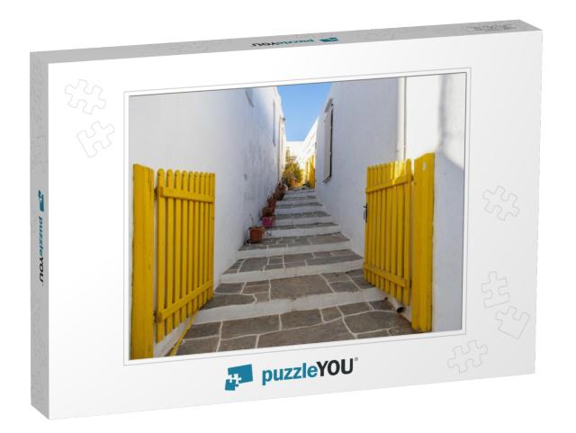 Greece. White House Open Yellow Wood Fence Gate & Traditi... Jigsaw Puzzle