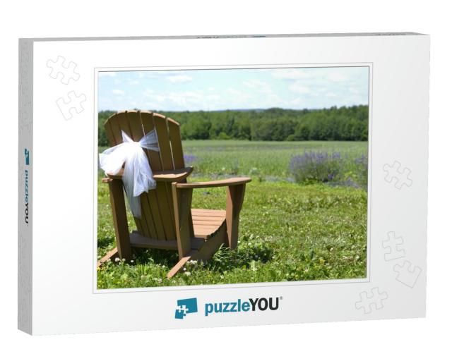 Wedding Adirondack Old Chair, on Lavender Flowers Field... Jigsaw Puzzle
