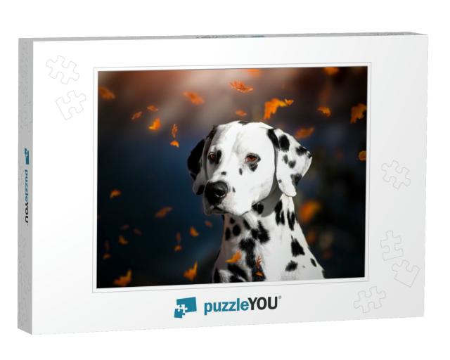Portrait of a Dalmatian Dog in Autumn Leaf Fall in the Pa... Jigsaw Puzzle