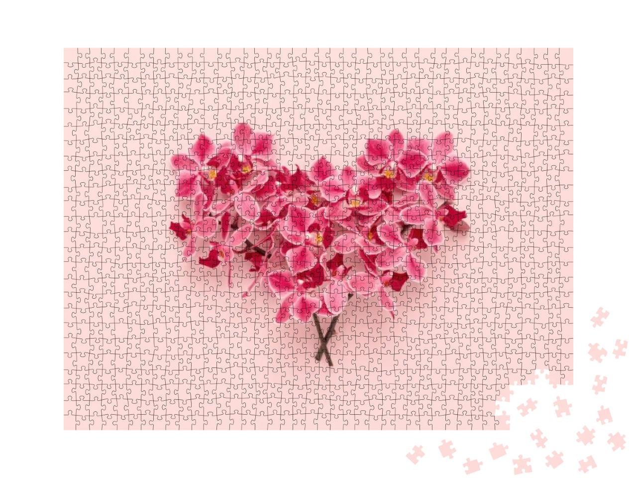 Heart Shape Made of Orchid Flowers Bouquet on Pink Valent... Jigsaw Puzzle with 1000 pieces